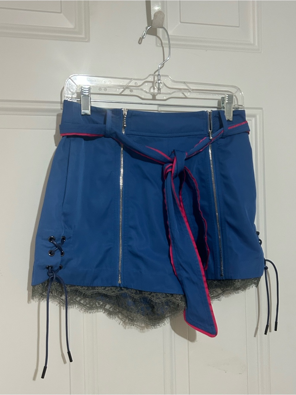 Blue Shorts with Pink-Trim Tie and Lace Hem